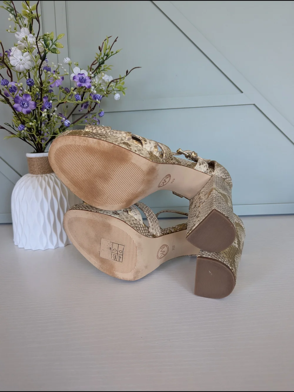 Michael Kors Gold Snakeskin Block Heel Sandals with Ankle Strap